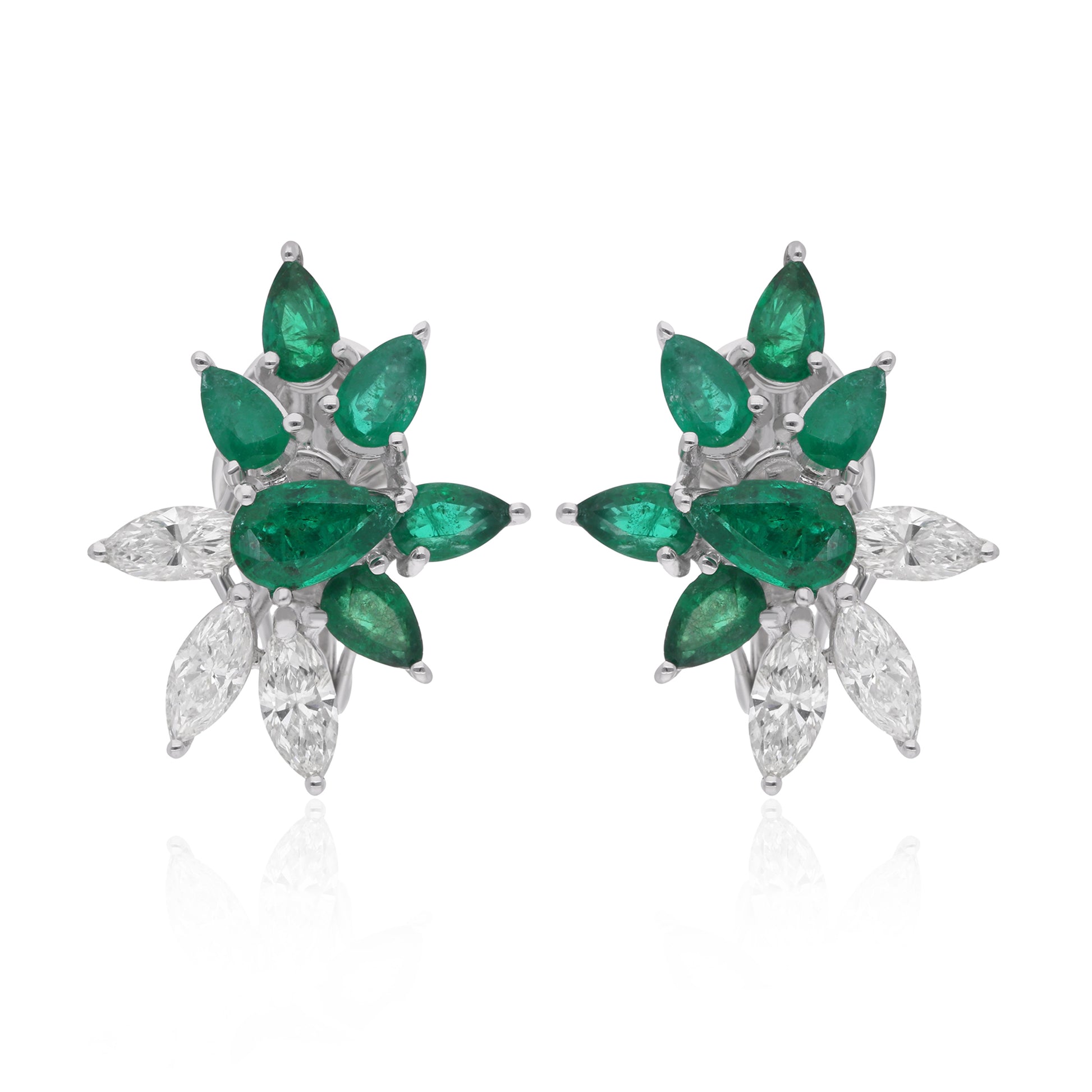 3.28Ct. Pear Cut Emerald & Marquise Diamond Clip-On Floral Solid Gold Earrings