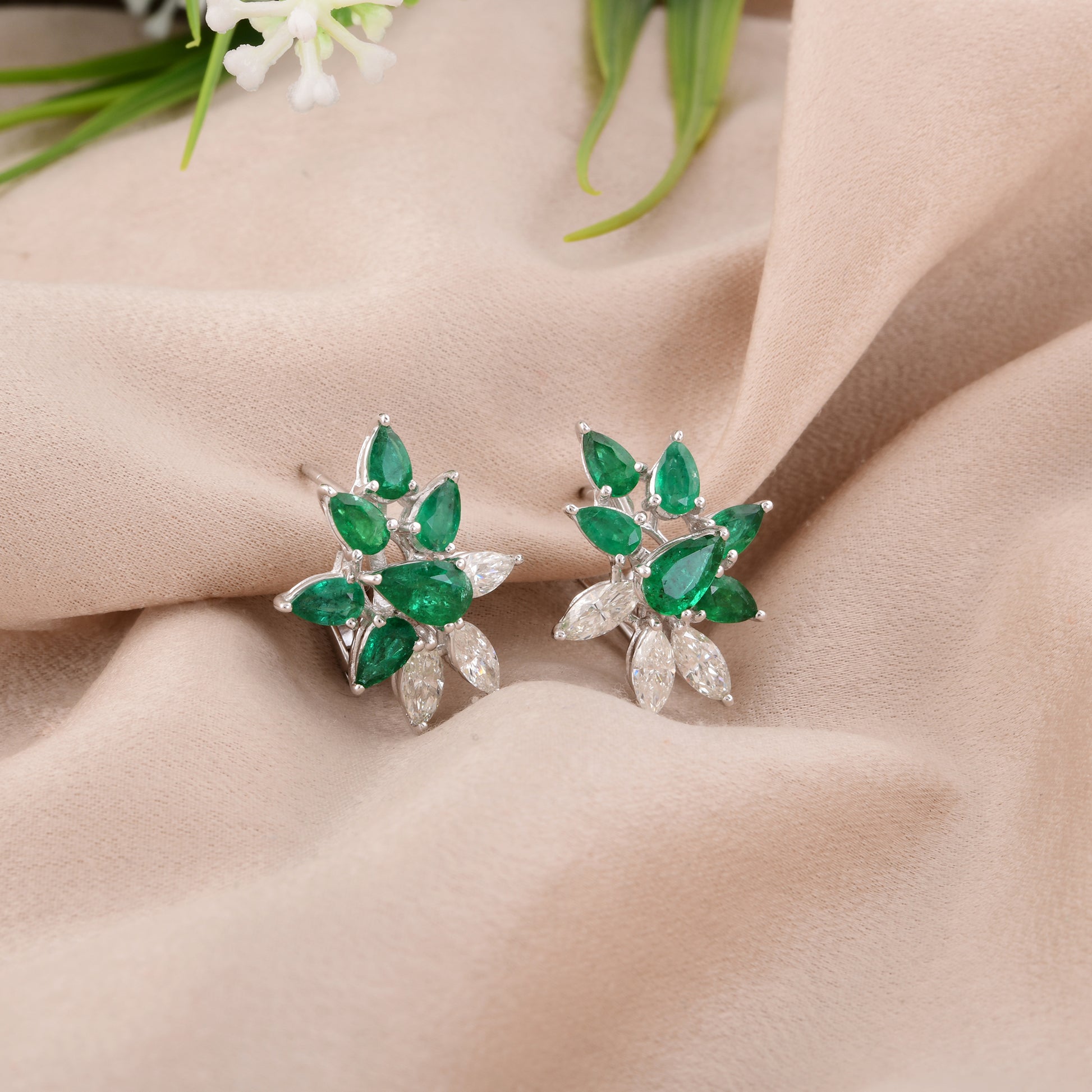 3.28Ct. Pear Cut Emerald & Marquise Diamond Clip-On Floral Solid Gold Earrings