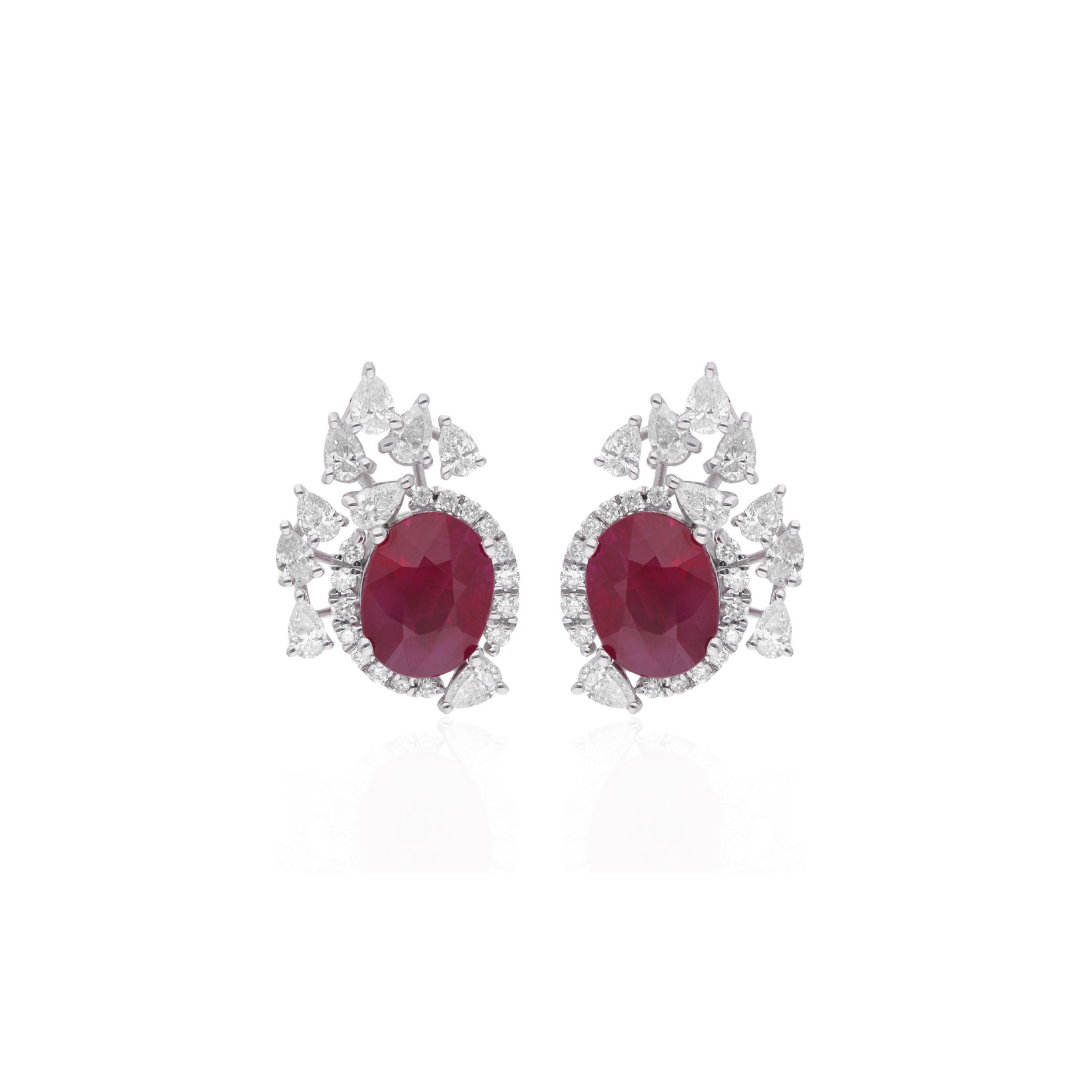 Statement Fine Gold 4.15Ct. Ruby & Halo Diamond Cluster Stud Earrings