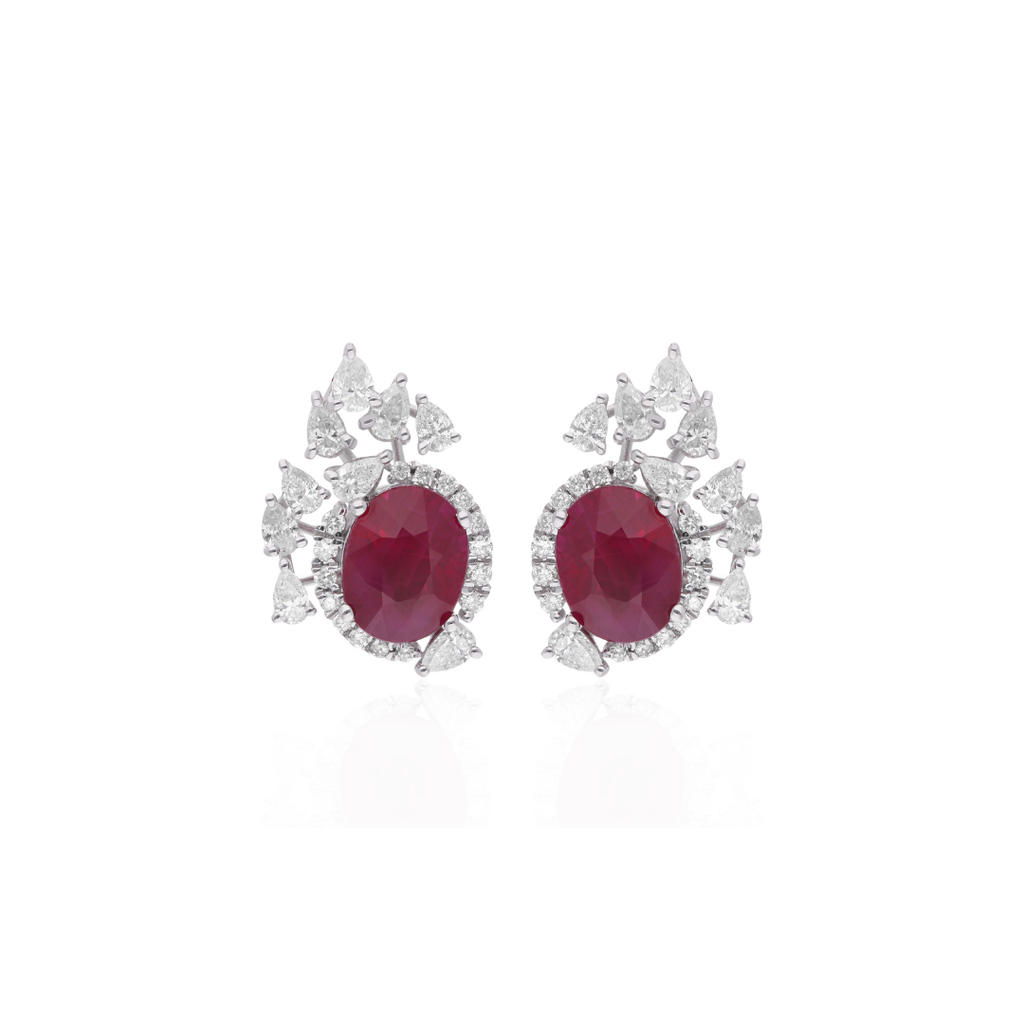 Statement Fine Gold 4.15Ct. Ruby & Halo Diamond Cluster Stud Earrings