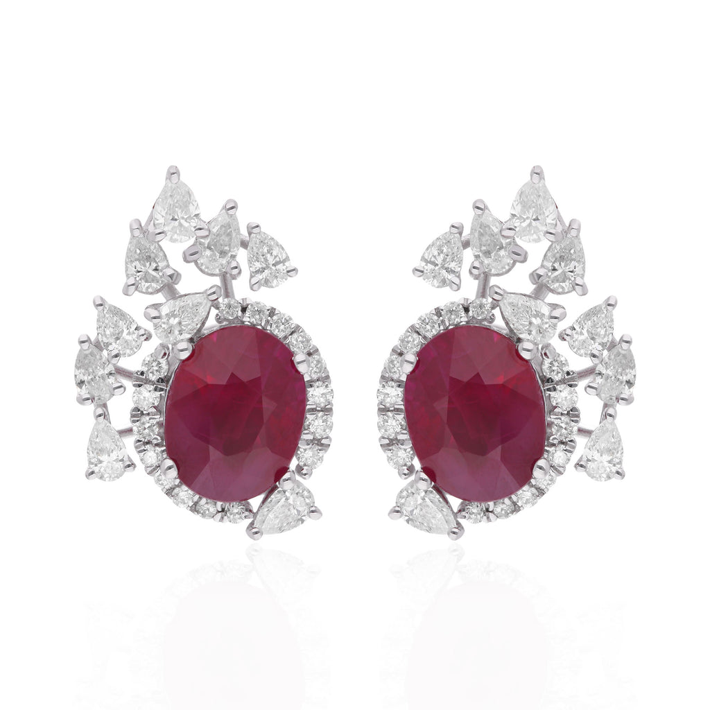 Statement Fine Gold 4.15Ct. Ruby & Halo Diamond Cluster Stud Earrings