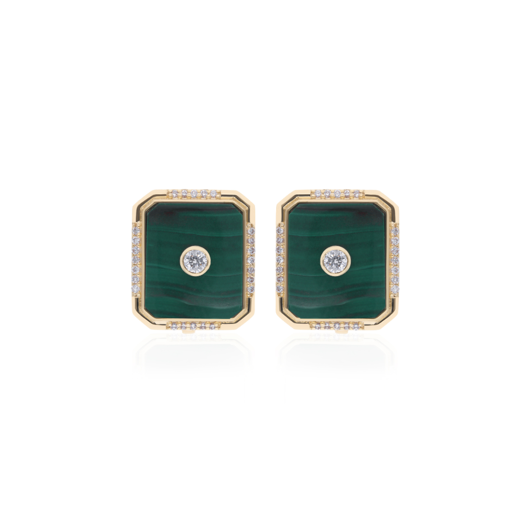 Elegant Solid Gold Bezel Set Malachite & Natural Diamond Stud Earrings