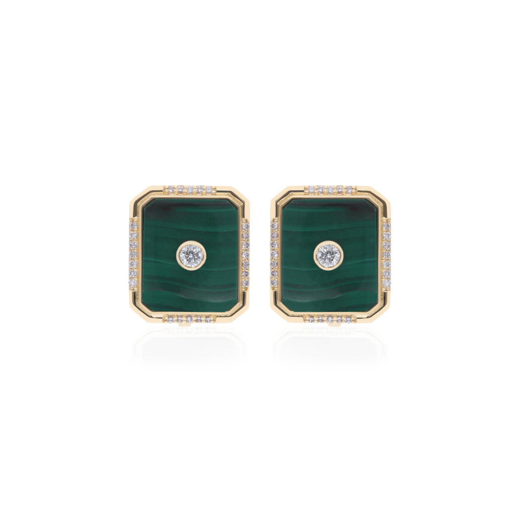 Elegant Solid Gold Bezel Set Malachite & Natural Diamond Stud Earrings