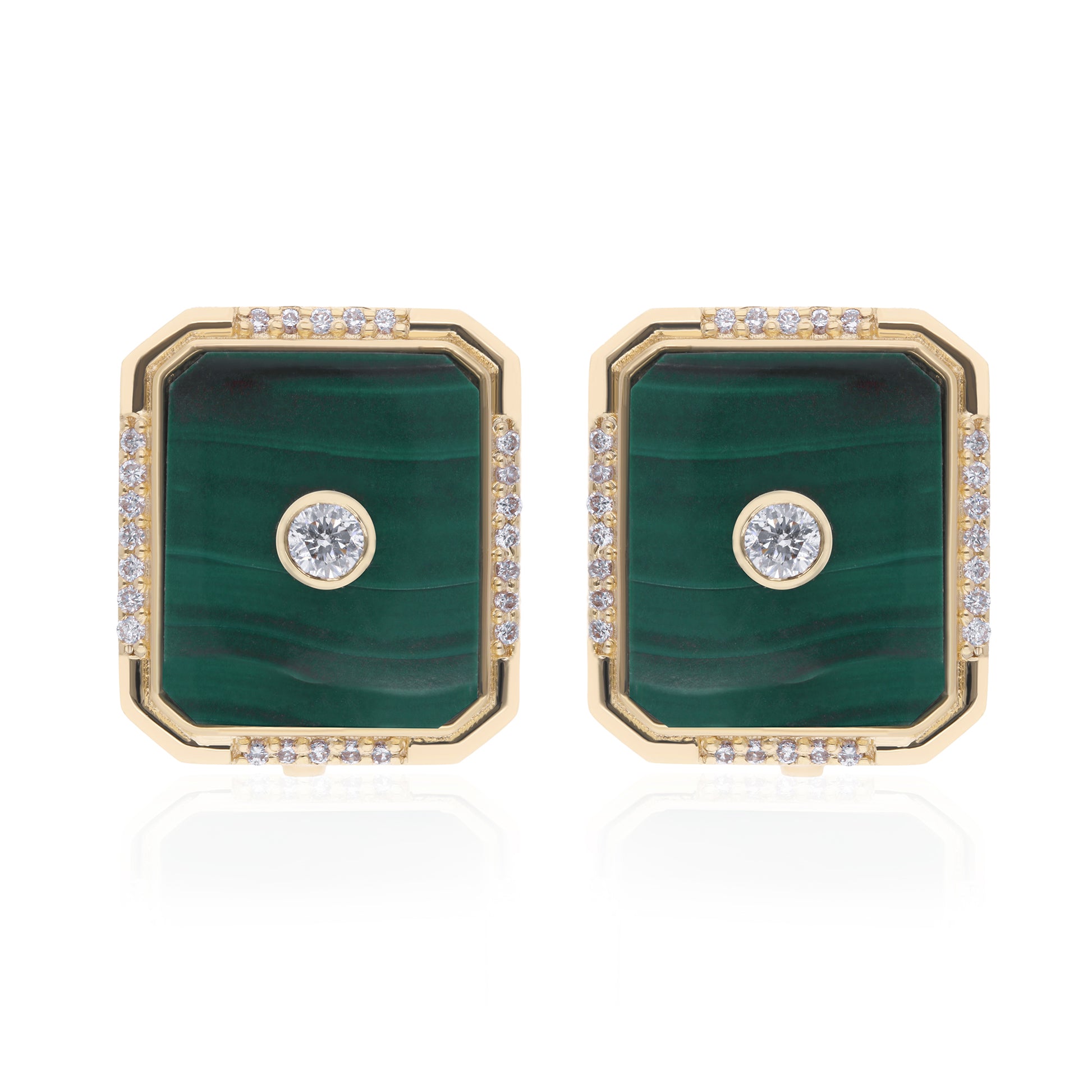 Elegant Solid Gold Bezel Set Malachite & Natural Diamond Stud Earrings