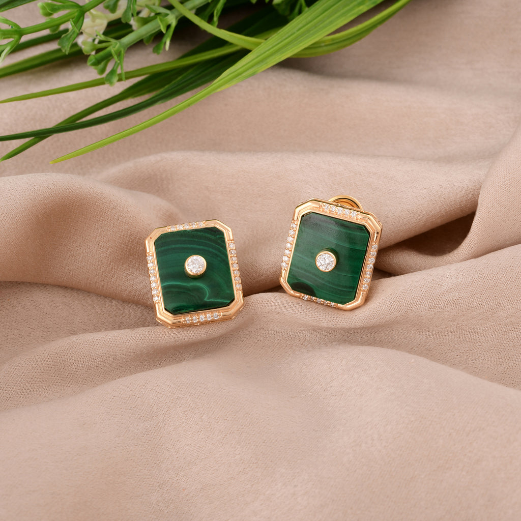 Elegant Solid Gold Bezel Set Malachite & Natural Diamond Stud Earrings