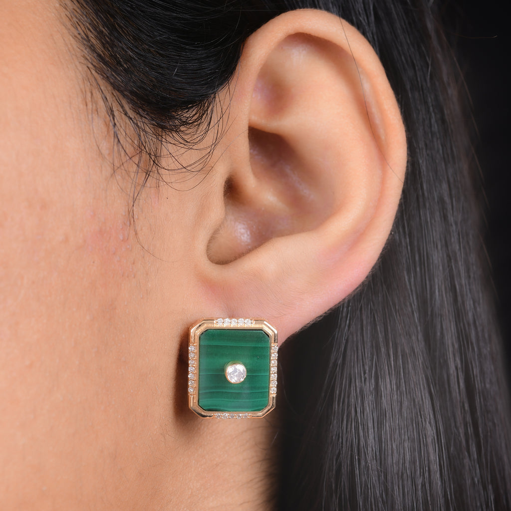 Elegant Solid Gold Bezel Set Malachite & Natural Diamond Stud Earrings