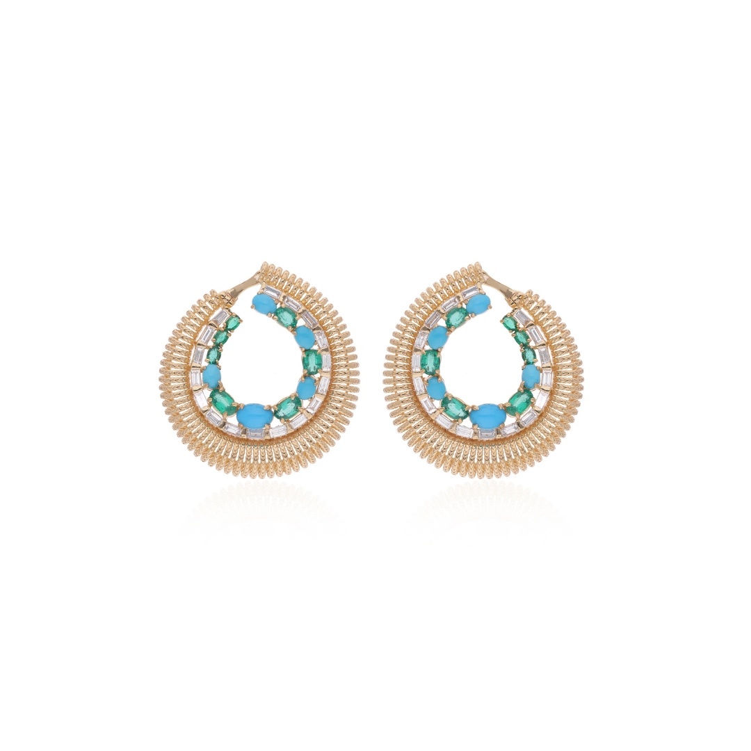 Exquisite Solid Gold 4.24Ct.Turquoise & Emerald Natural Diamond Bridal Hoop Earrings