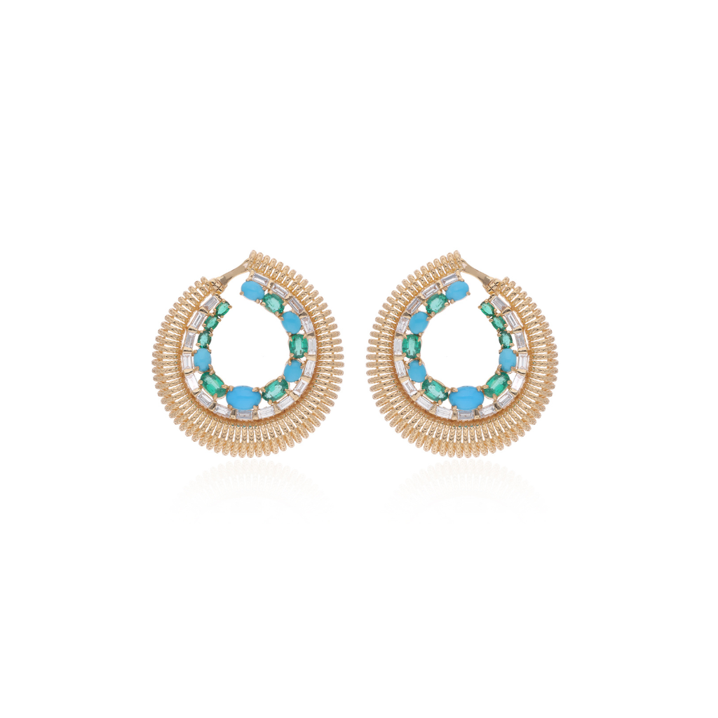 Exquisite Solid Gold 4.24Ct.Turquoise & Emerald Natural Diamond Bridal Hoop Earrings