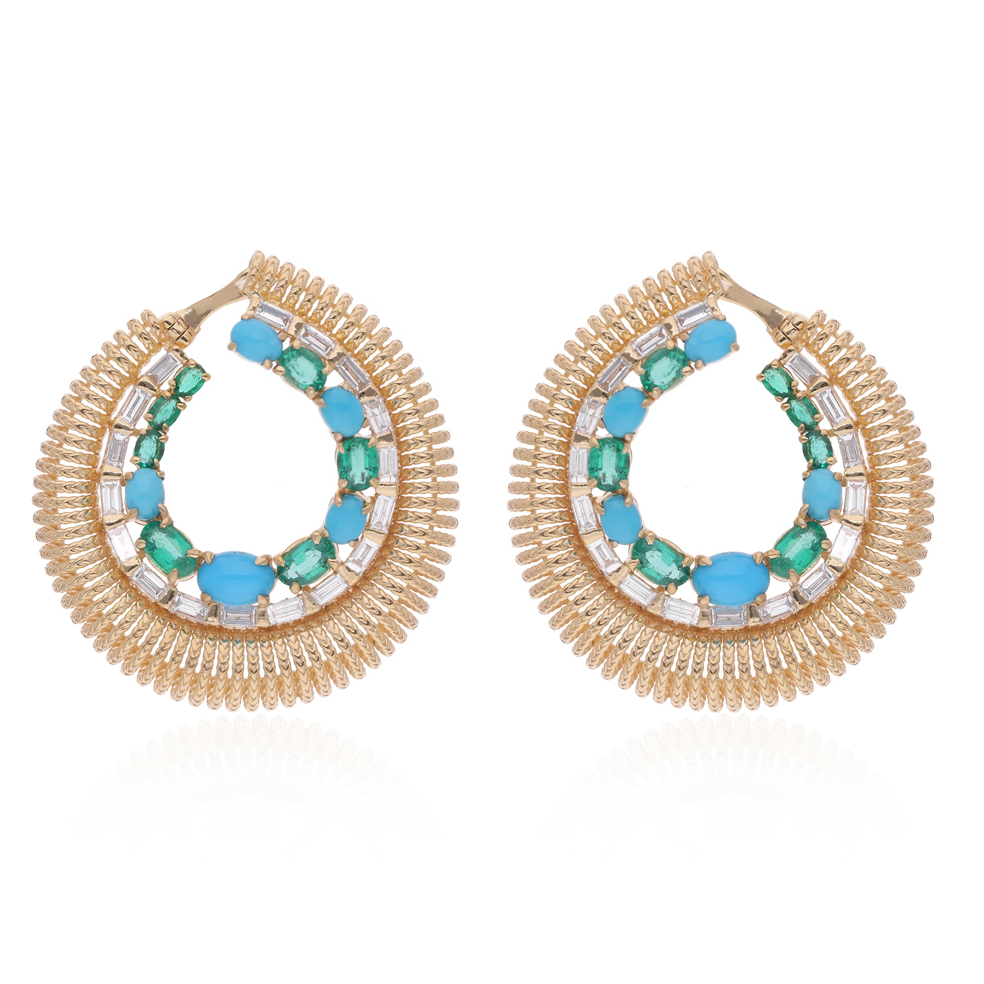 Exquisite Solid Gold 4.24Ct.Turquoise & Emerald Natural Diamond Bridal Hoop Earrings