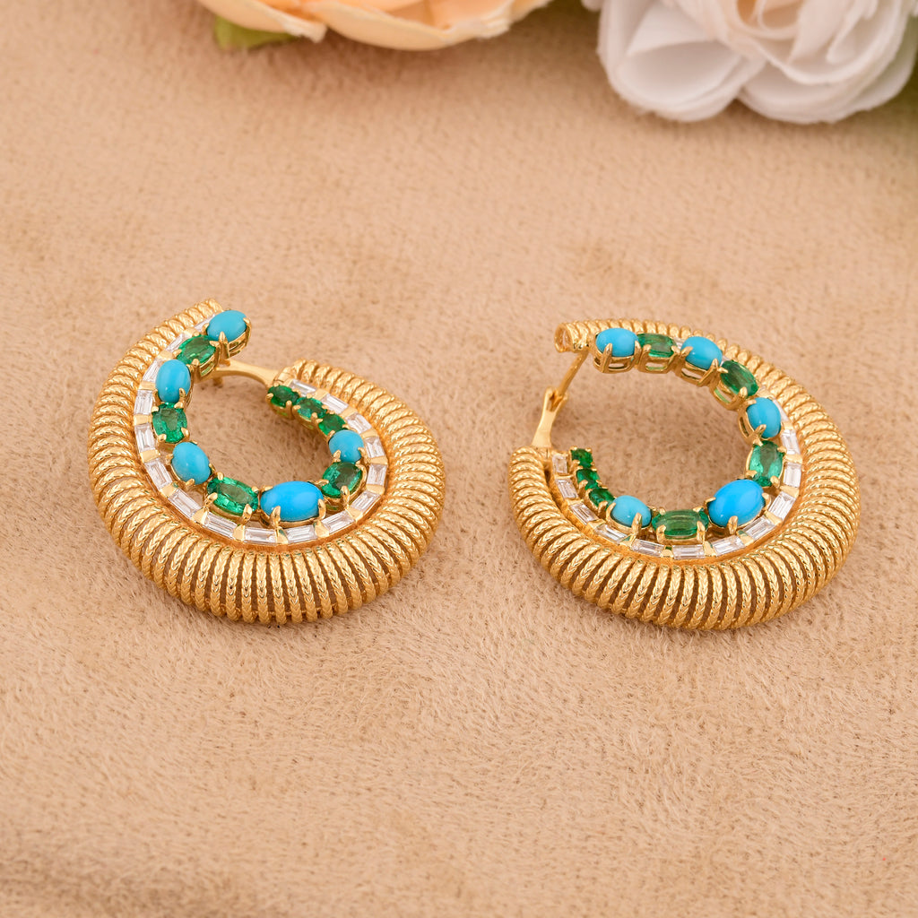 Exquisite Solid Gold 4.24Ct.Turquoise & Emerald Natural Diamond Bridal Hoop Earrings