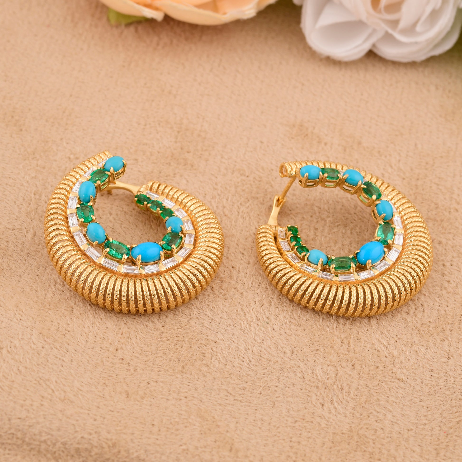 Exquisite Solid Gold 4.24Ct.Turquoise & Emerald Natural Diamond Bridal Hoop Earrings