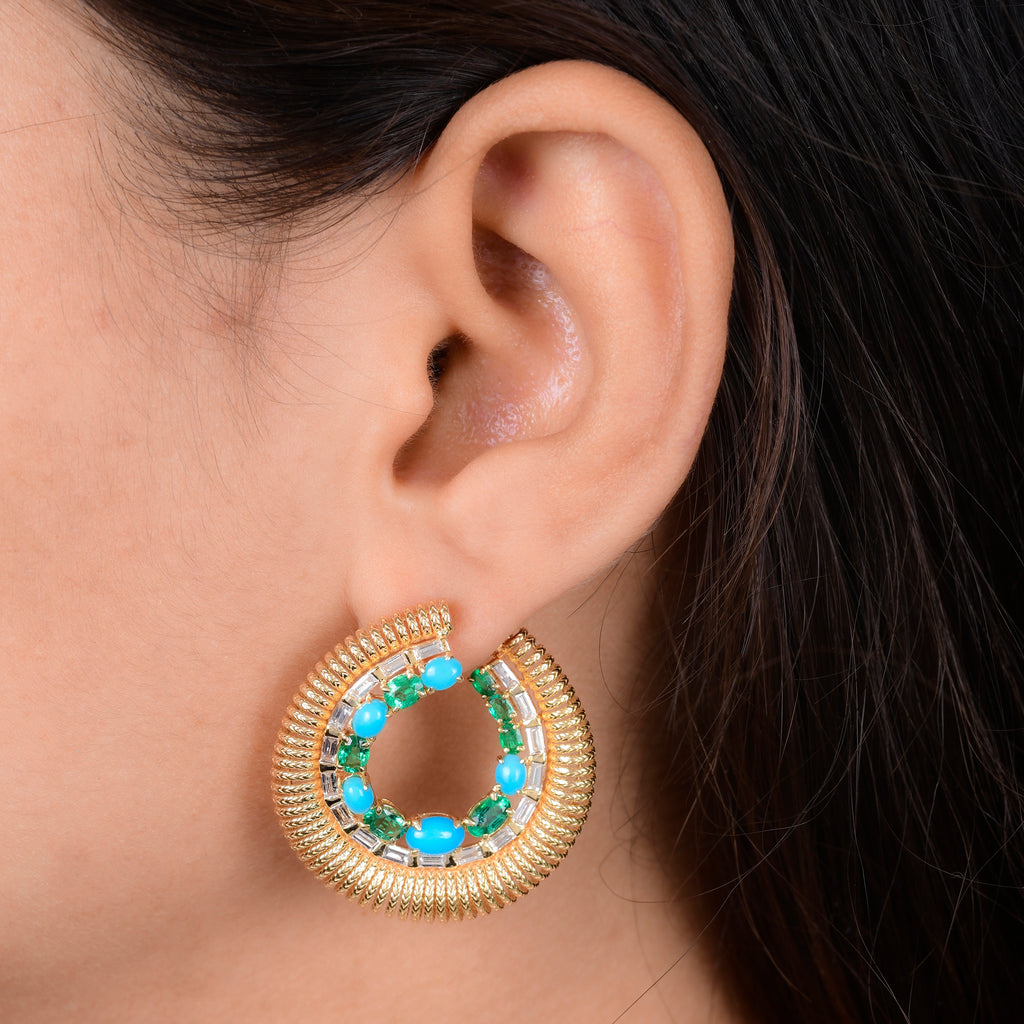 Exquisite Solid Gold 4.24Ct.Turquoise & Emerald Natural Diamond Bridal Hoop Earrings