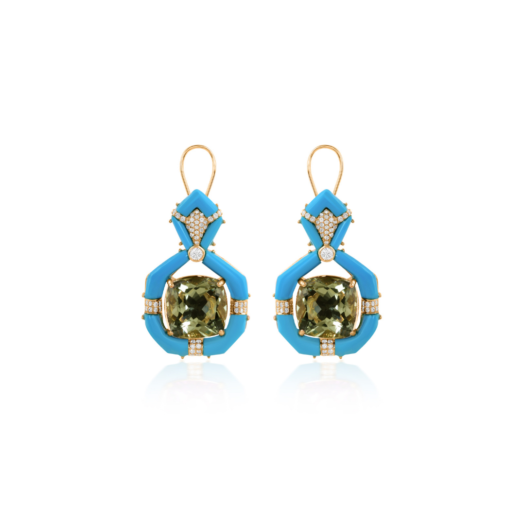 28.27Tcw Multi Gemstone Geometric Dangle Drop Earrings In Solid Gold
