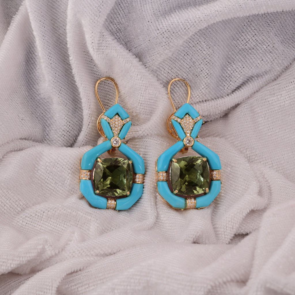 28.27Tcw Multi Gemstone Geometric Dangle Drop Earrings In Solid Gold