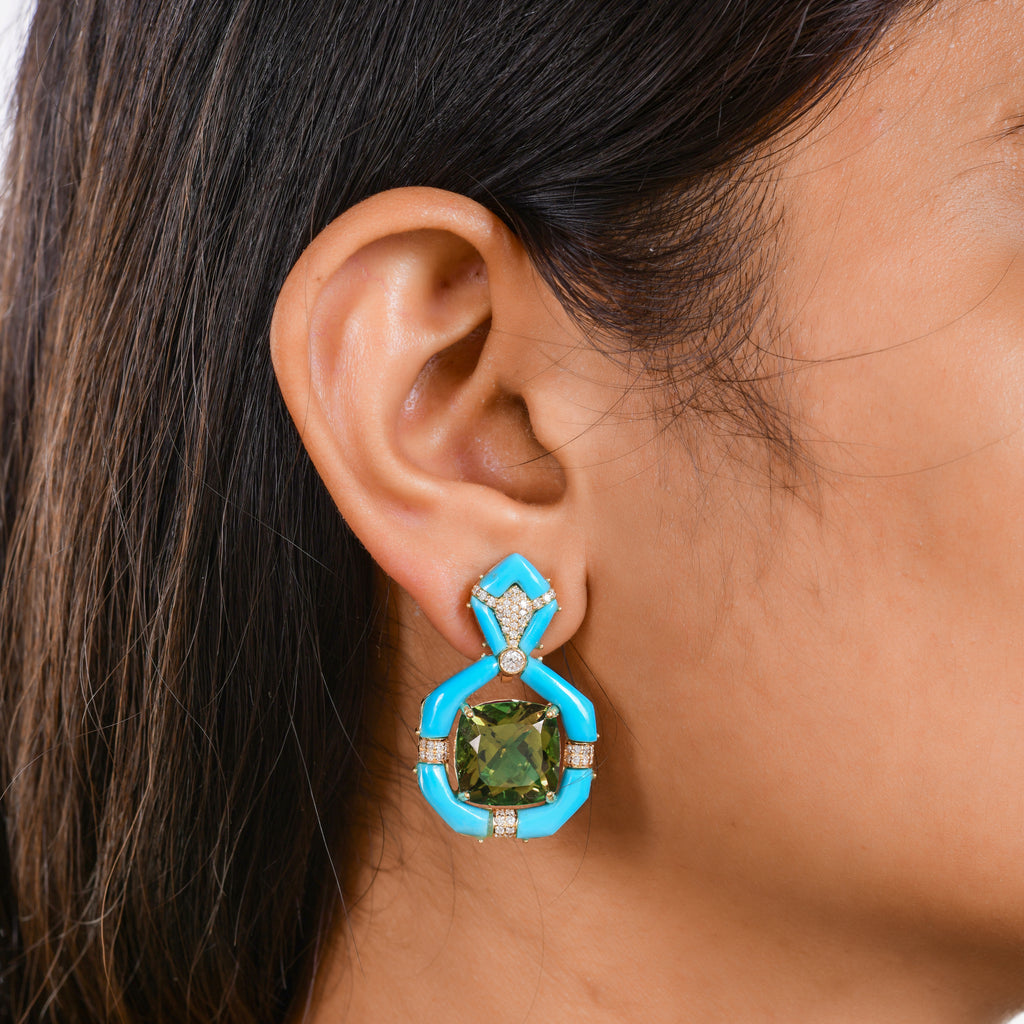 28.27Tcw Multi Gemstone Geometric Dangle Drop Earrings In Solid Gold