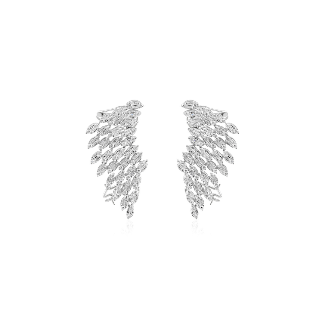 3.80 Ct Diamond Wing Climber Earrings with Baguette Round Diamond Cluster Design