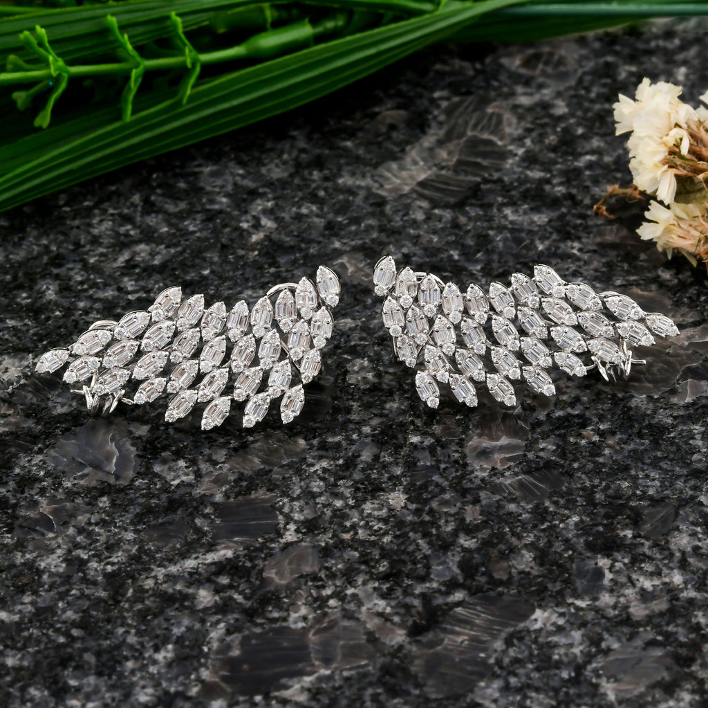 3.80 Ct Diamond Wing Climber Earrings with Baguette Round Diamond Cluster Design