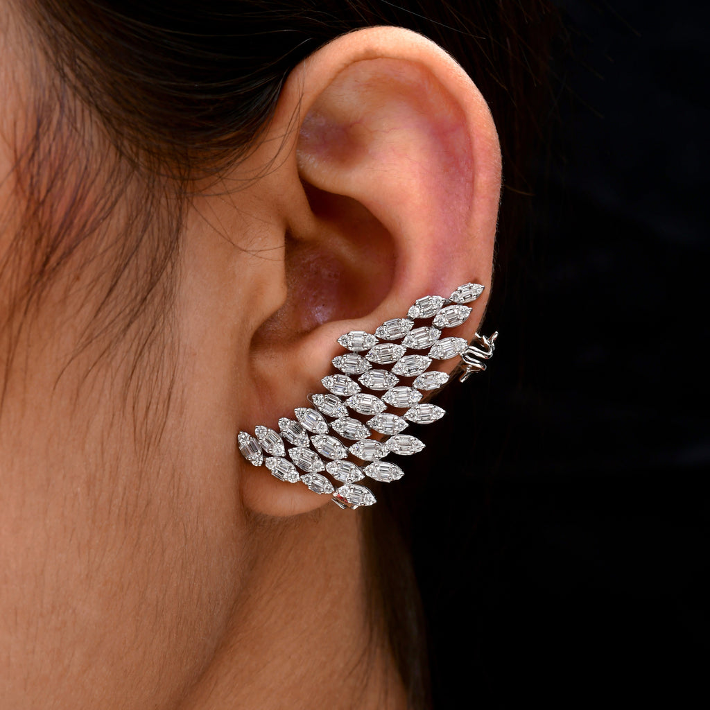 3.80 Ct Diamond Wing Climber Earrings with Baguette Round Diamond Cluster Design