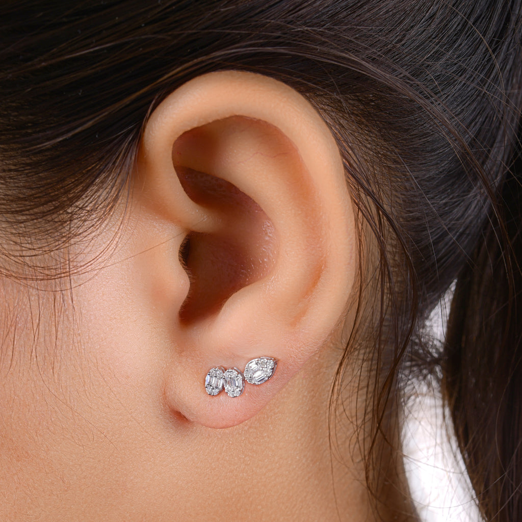 0.38 Ct. Baguette Round Cluster Diamond Climber Gold Studs Earrings