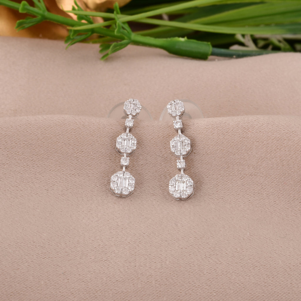 SI Clarity HI Color Baguette Round Diamond Cluster Drop Earrings