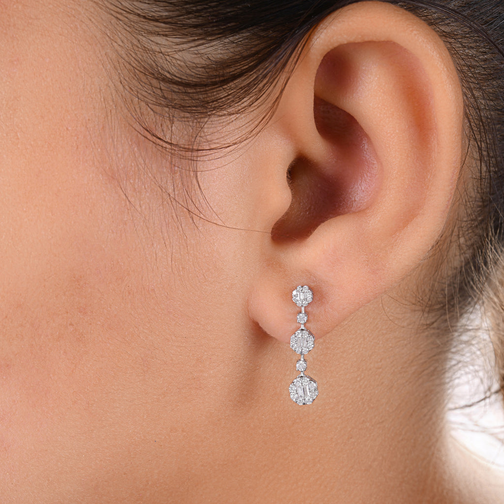 SI Clarity HI Color Baguette Round Diamond Cluster Drop Earrings