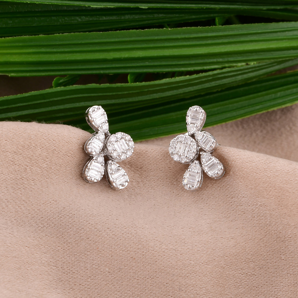 0.46Ct. SI/HI Baguette Round Diamond Cluster Illusion Stud Earrings