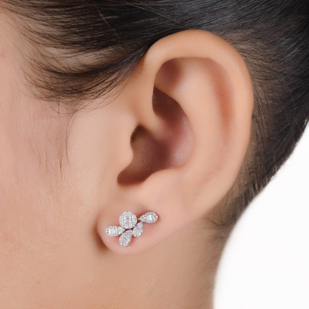 0.46Ct. SI/HI Baguette Round Diamond Cluster Illusion Stud Earrings