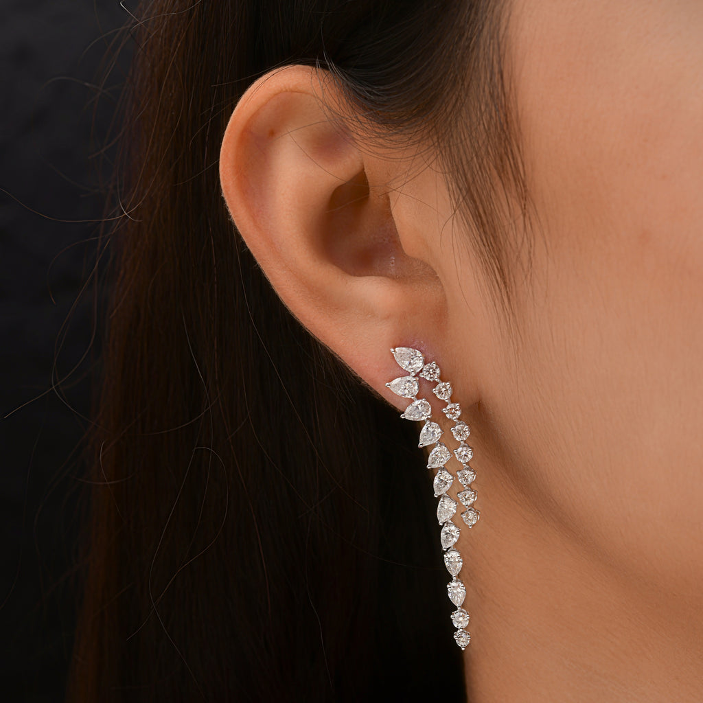 5.36 Ct Real SI/HI Round Pear Cut Diamond Dangle Drop Gold Earrings