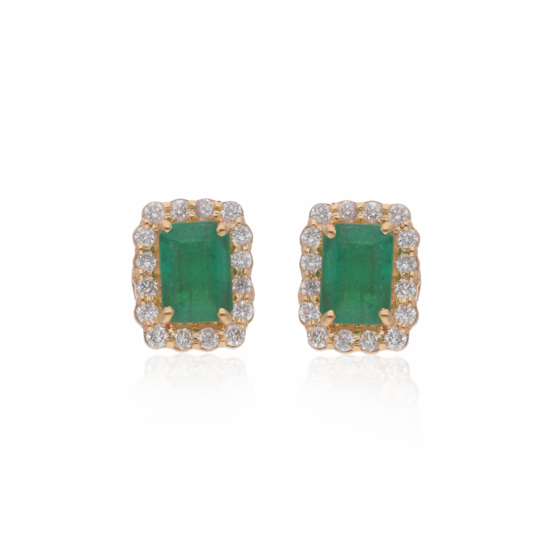 Minimalist 1.51Tcw Real Zambian Emerald Diamond Solid Gold Stud Earrings
