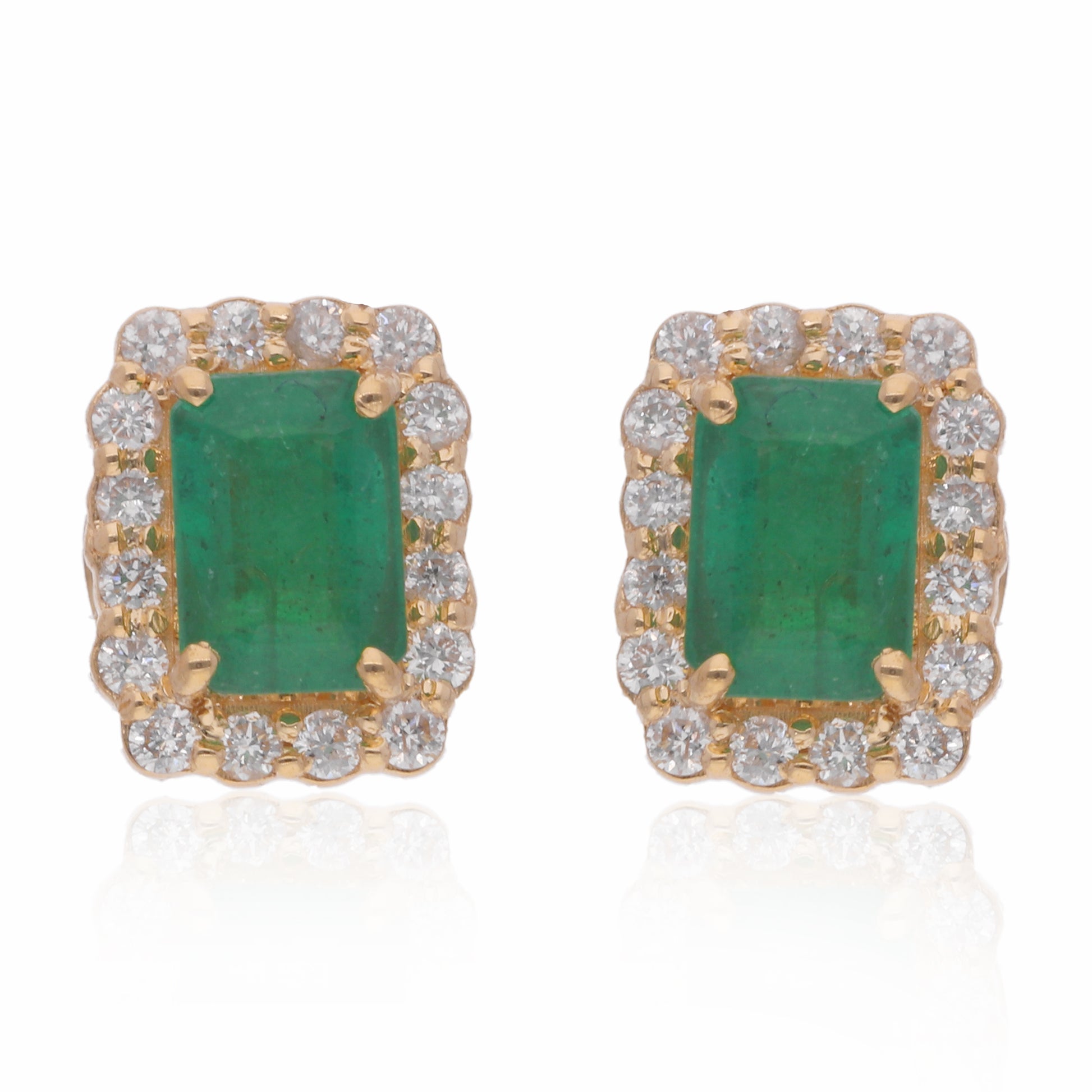 Minimalist 1.51Tcw Real Zambian Emerald Diamond Solid Gold Stud Earrings