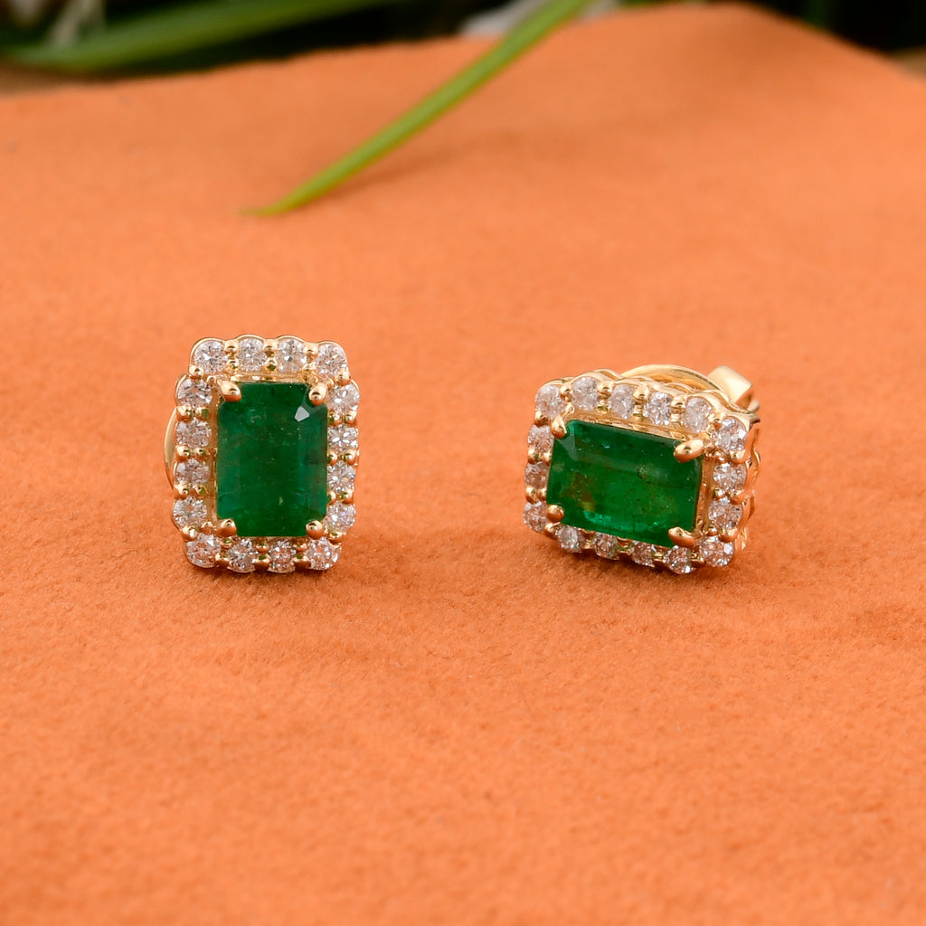 Minimalist 1.51Tcw Real Zambian Emerald Diamond Solid Gold Stud Earrings
