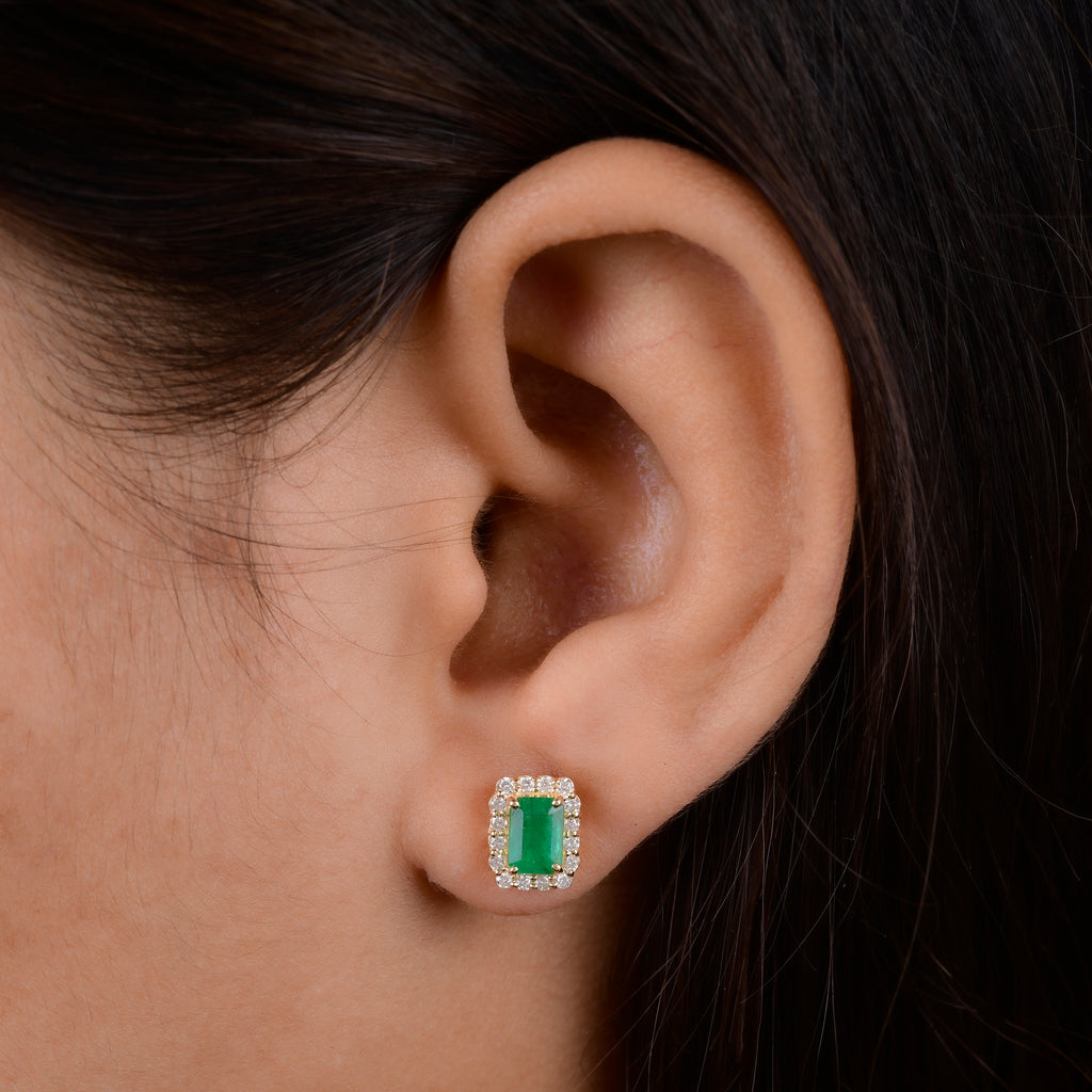 Minimalist 1.51Tcw Real Zambian Emerald Diamond Solid Gold Stud Earrings