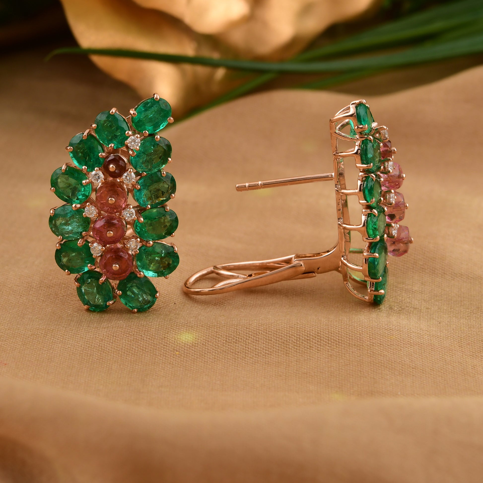 Natural Multi Gemstone Gold Stud Earrings With Back Clip On