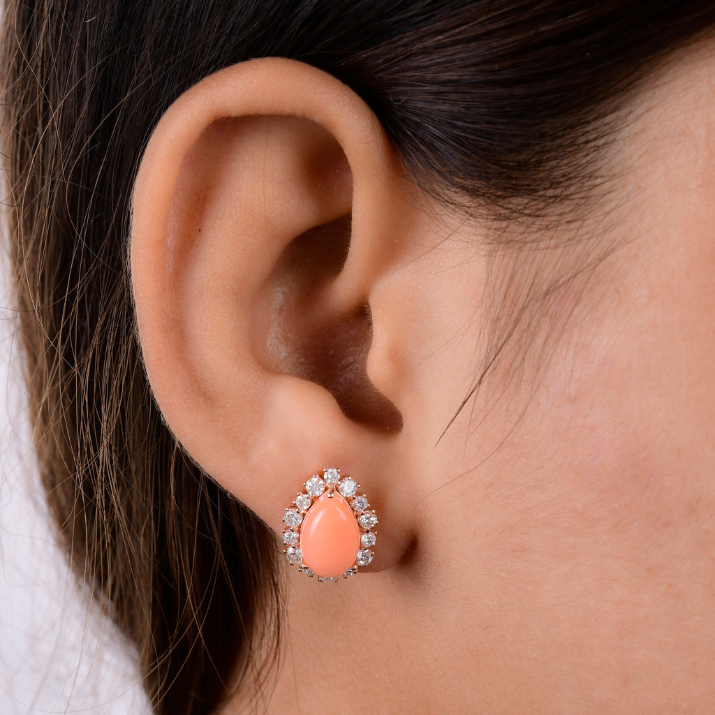 Pear Cut Natural Diamond Coral Gemstone Stud Earrings