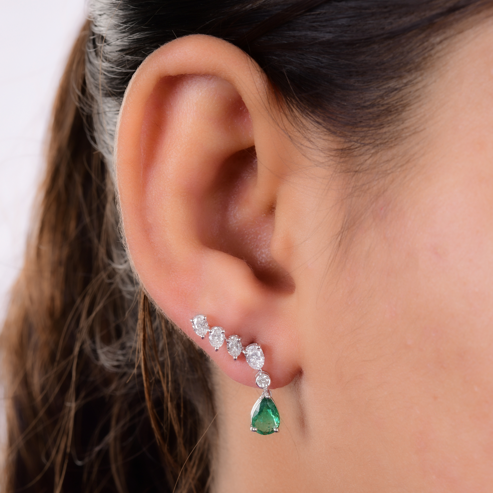 Minimal 1.90Tcw Zambian Emerald H/SI Diamond Ear Climber Gold Earrings
