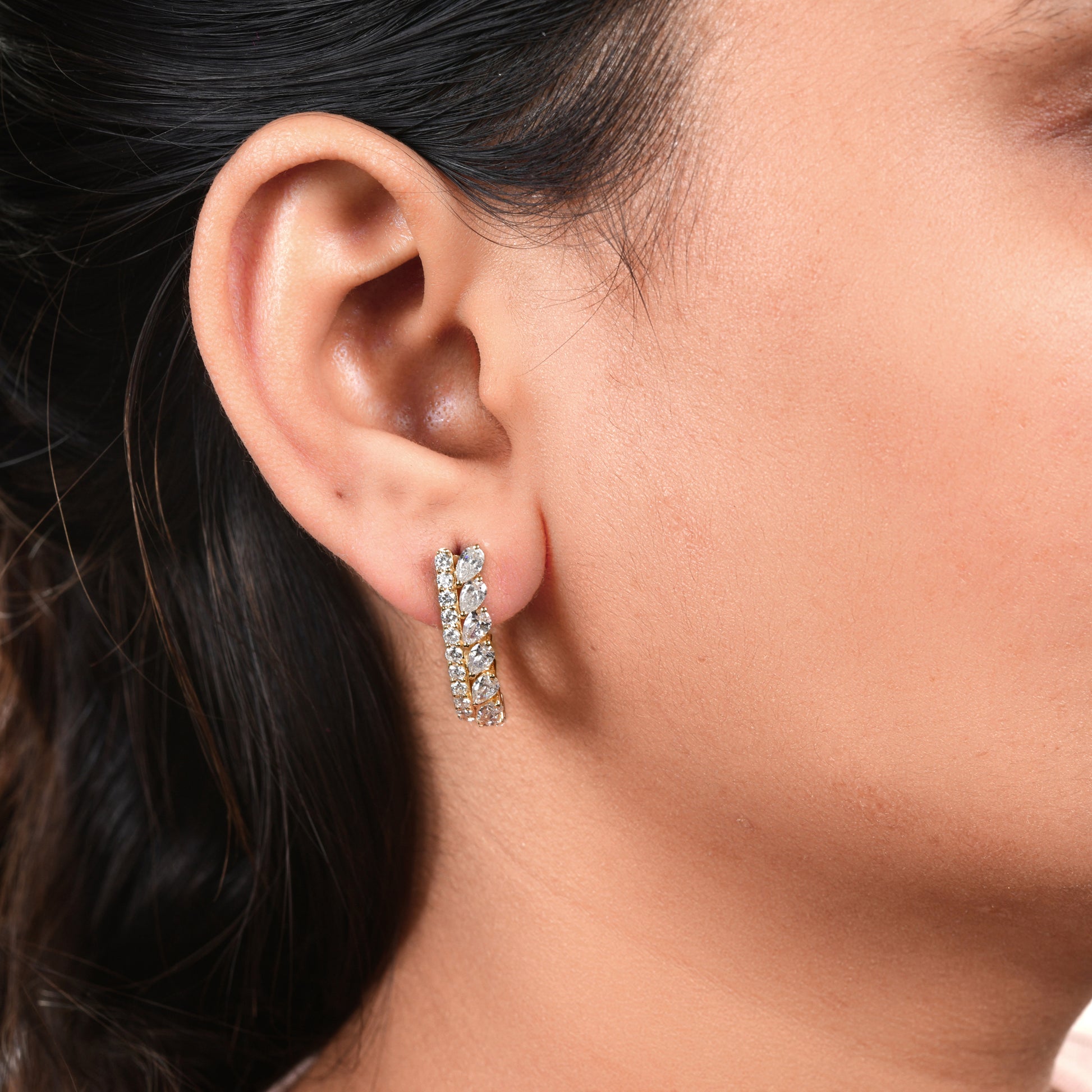 3.02 Carat Real Pear Round Cut Diamond Huggie Hoop Gold Earrings