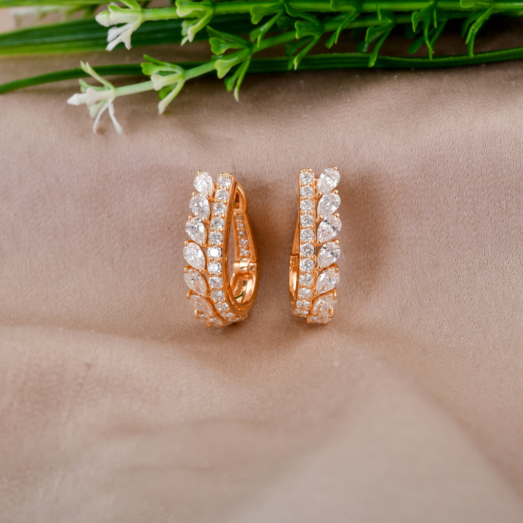 3.02 Carat Real Pear Round Cut Diamond Huggie Hoop Gold Earrings