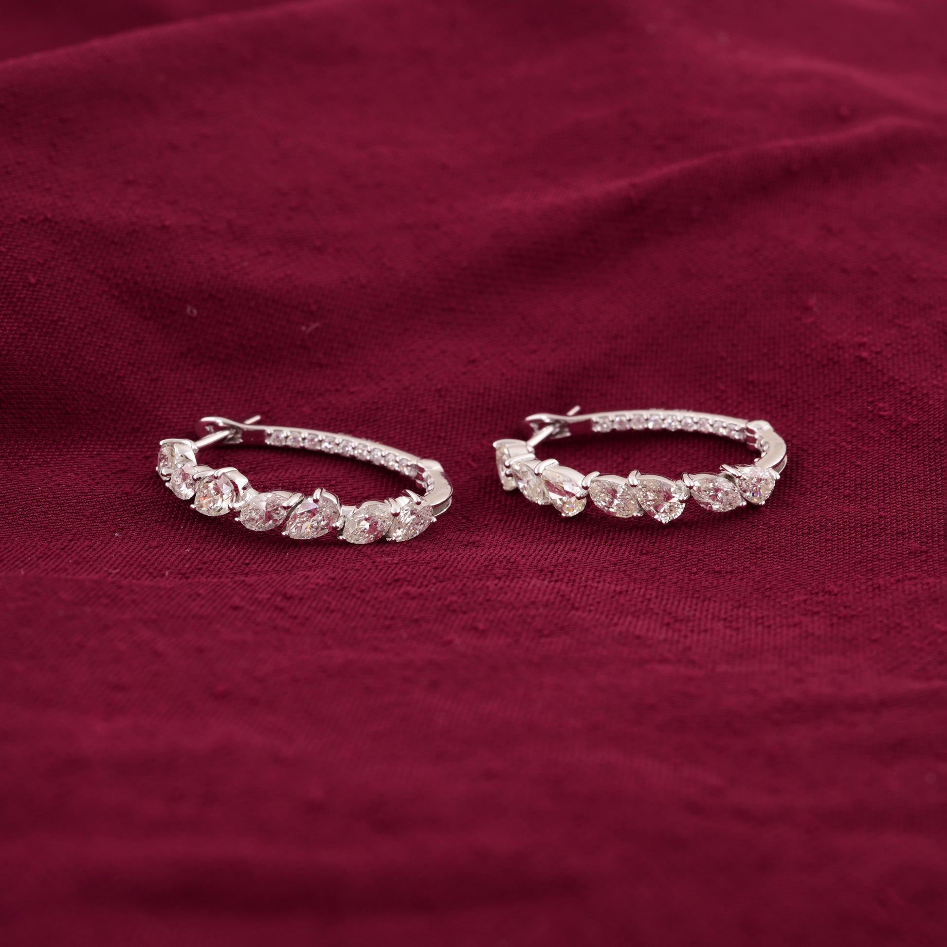 Fine Gold Pear Marquise Cut 2.33 Carat Real Diamond Hoop Earrings