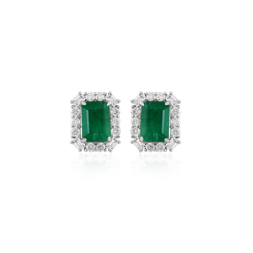 2.41Tcw Baguette Cut Zambian Emerald Halo Diamond Gold Stud Earrings