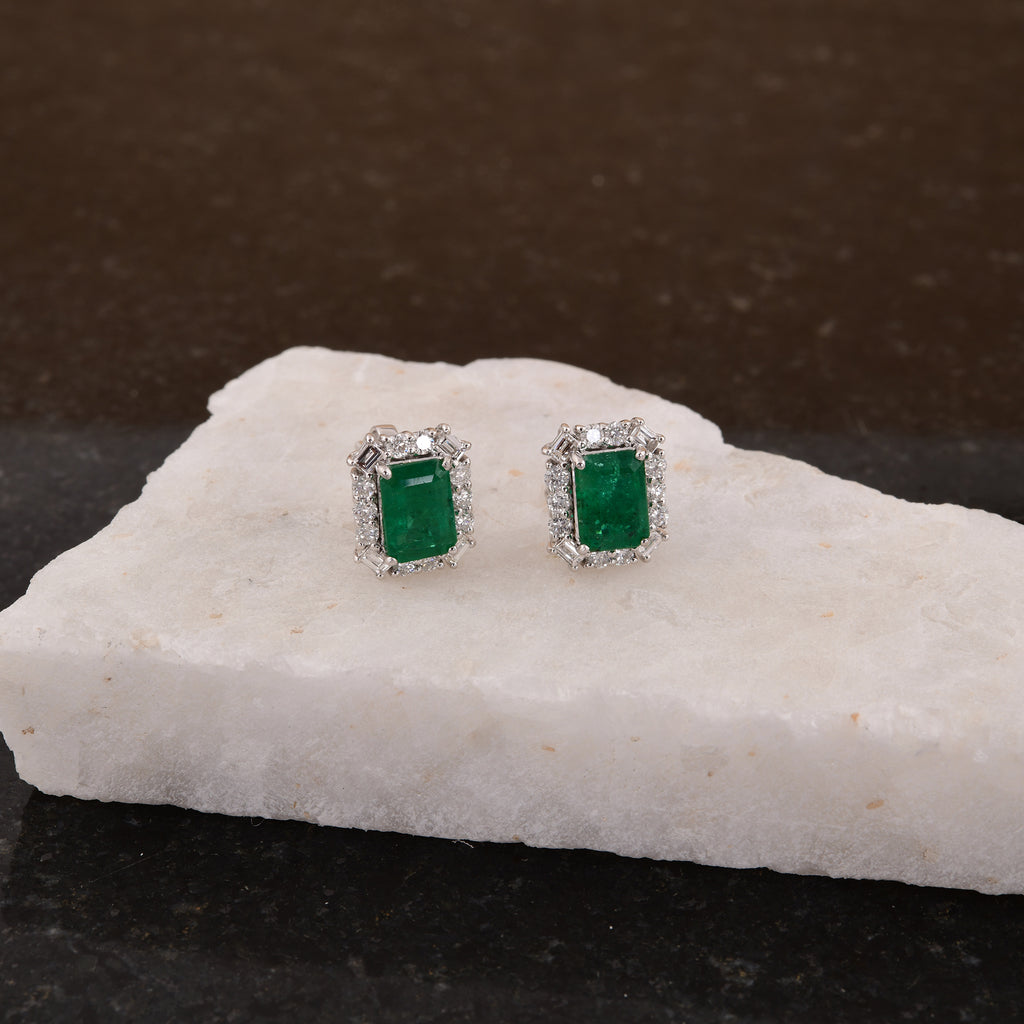 2.41Tcw Baguette Cut Zambian Emerald Halo Diamond Gold Stud Earrings