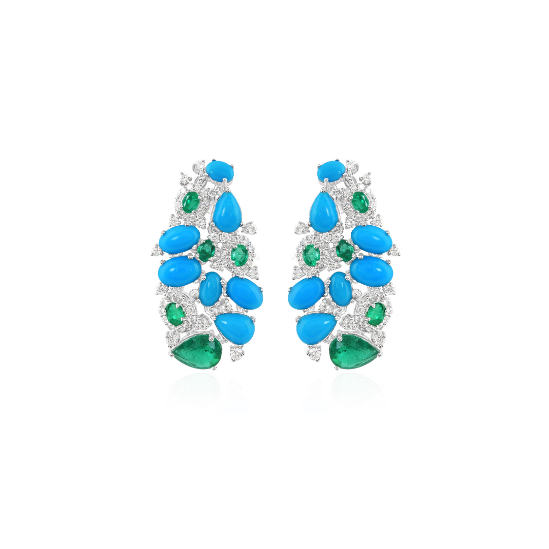 6.70Tcw Zambian Emerald Turquoise Gemstone Diamond Gold Cluster Earrings