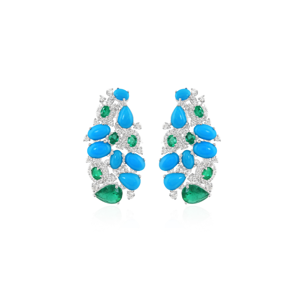 6.70Tcw Zambian Emerald Turquoise Gemstone Diamond Gold Cluster Earrings