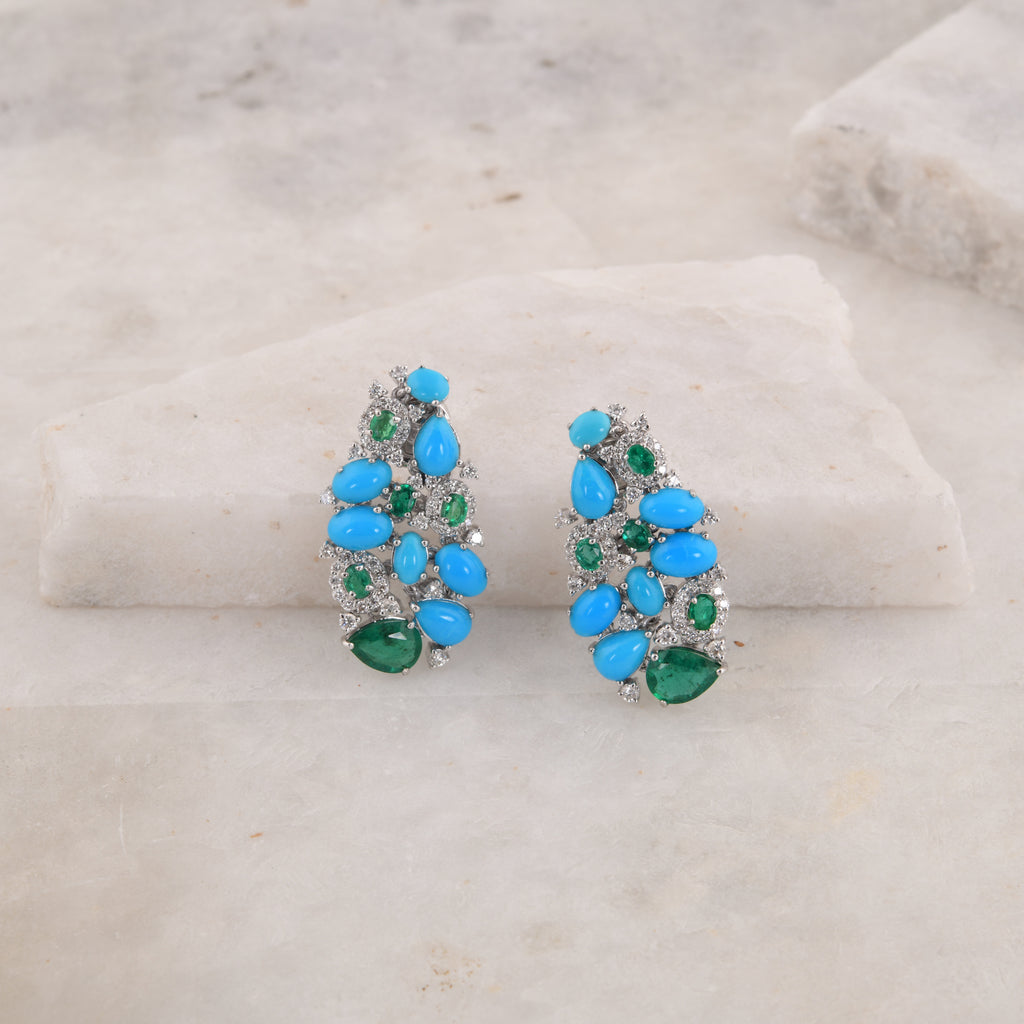 6.70Tcw Zambian Emerald Turquoise Gemstone Diamond Gold Cluster Earrings