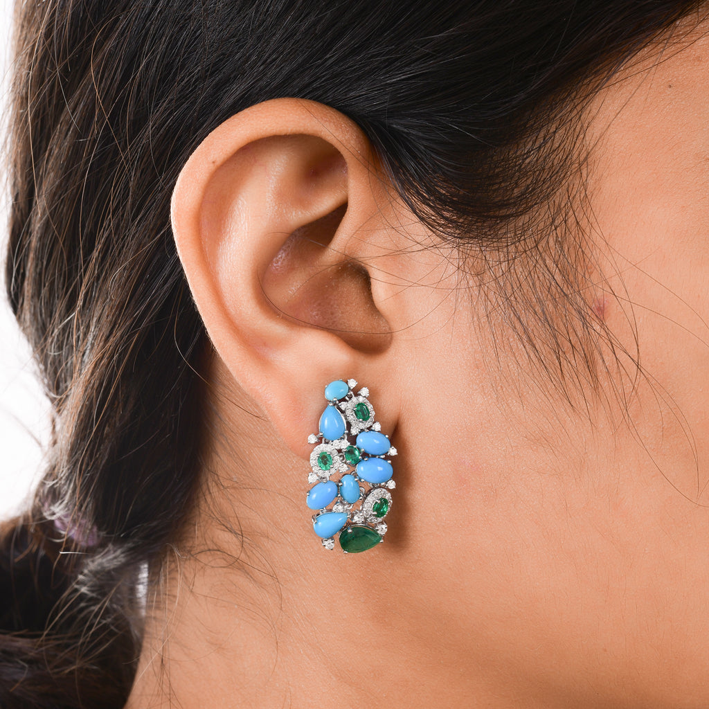 6.70Tcw Zambian Emerald Turquoise Gemstone Diamond Gold Cluster Earrings
