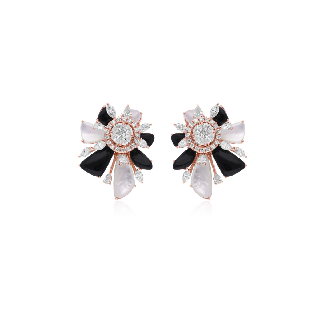 Unique Design Black Onyx Mother of Pearl Natural Diamond Gold Stud Earrings