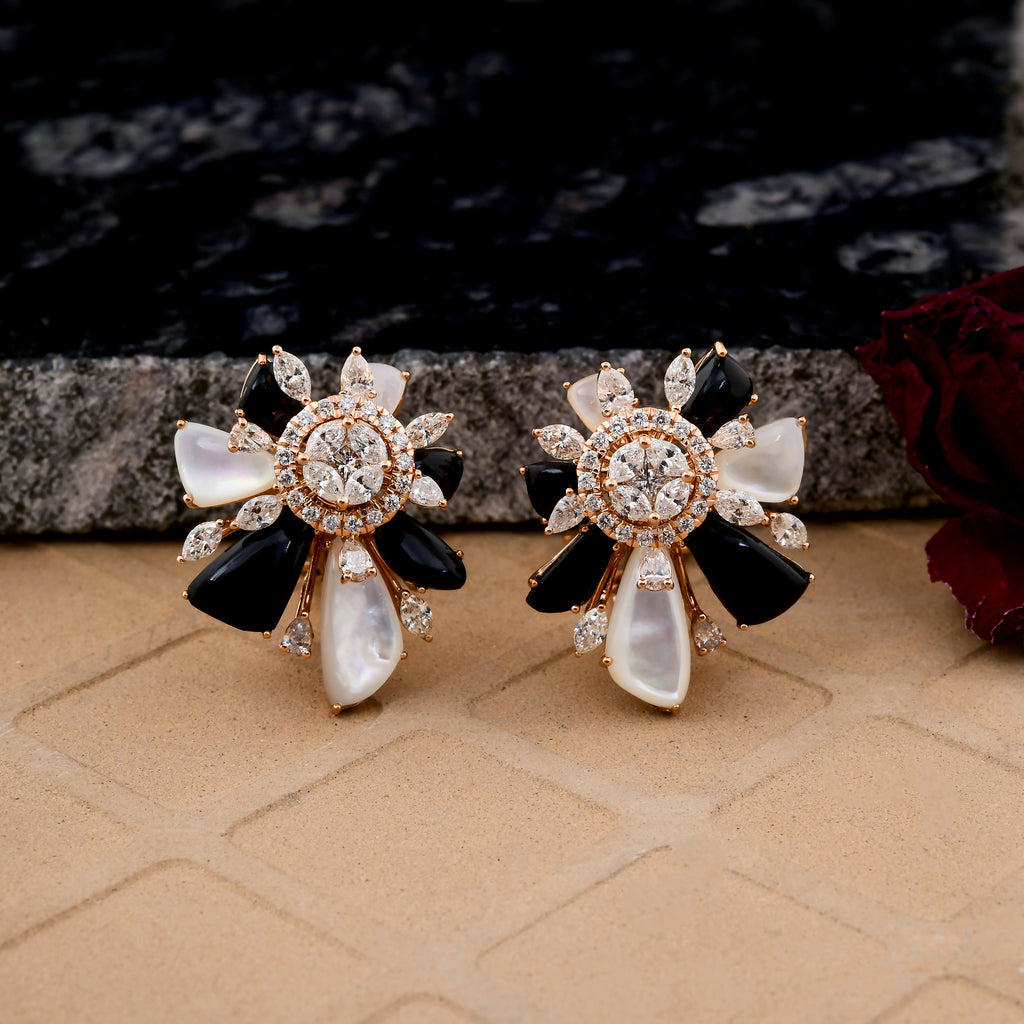 Unique Design Black Onyx Mother of Pearl Natural Diamond Gold Stud Earrings