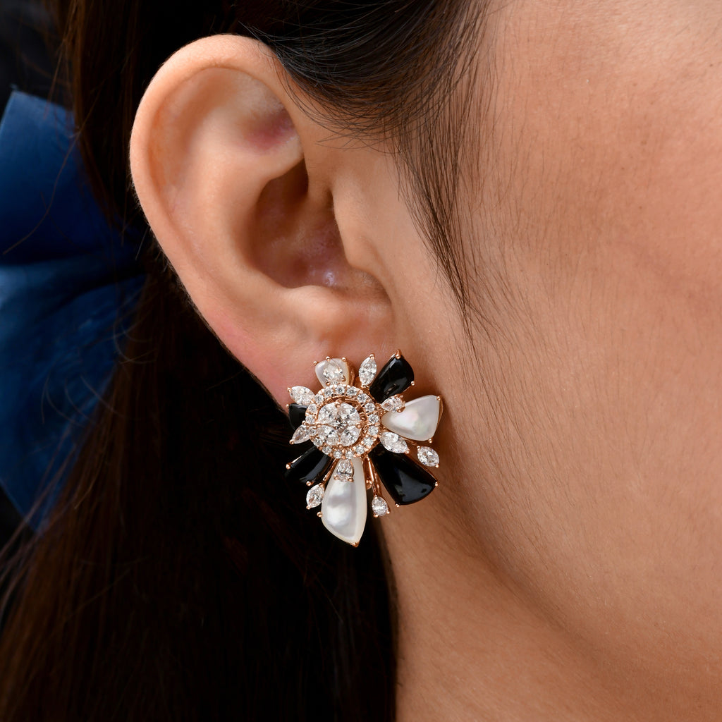 Unique Design Black Onyx Mother of Pearl Natural Diamond Gold Stud Earrings