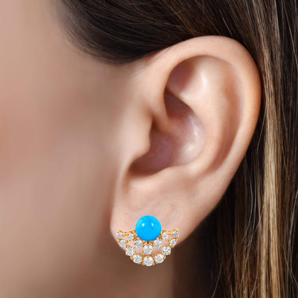 4.93Tcw Blue Turquoise SI Clarity HI Color Round Diamond Gold Stud Earrings