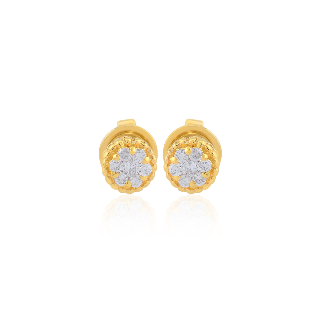 Round Cut Natural Diamond Cluster Flower Tiny Gold Stud Earrings