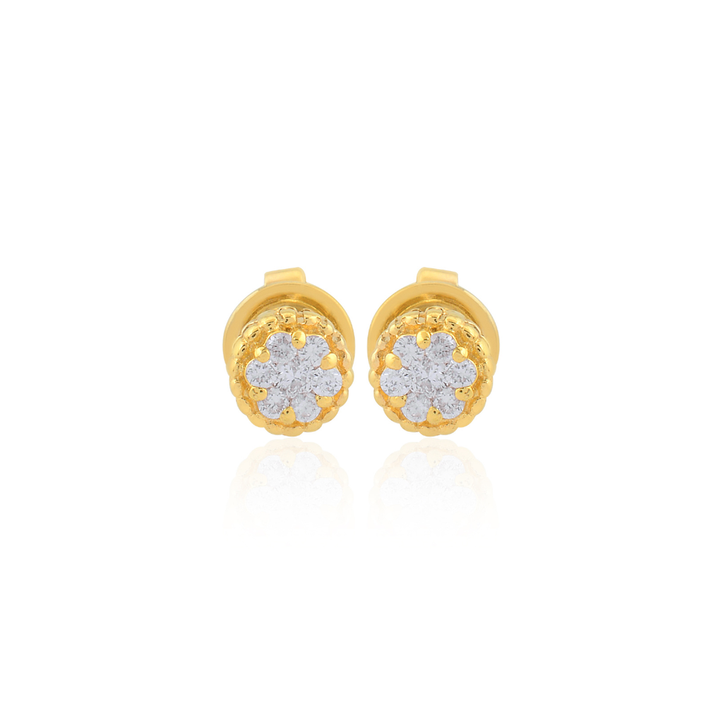 Round Cut Natural Diamond Cluster Flower Tiny Gold Stud Earrings